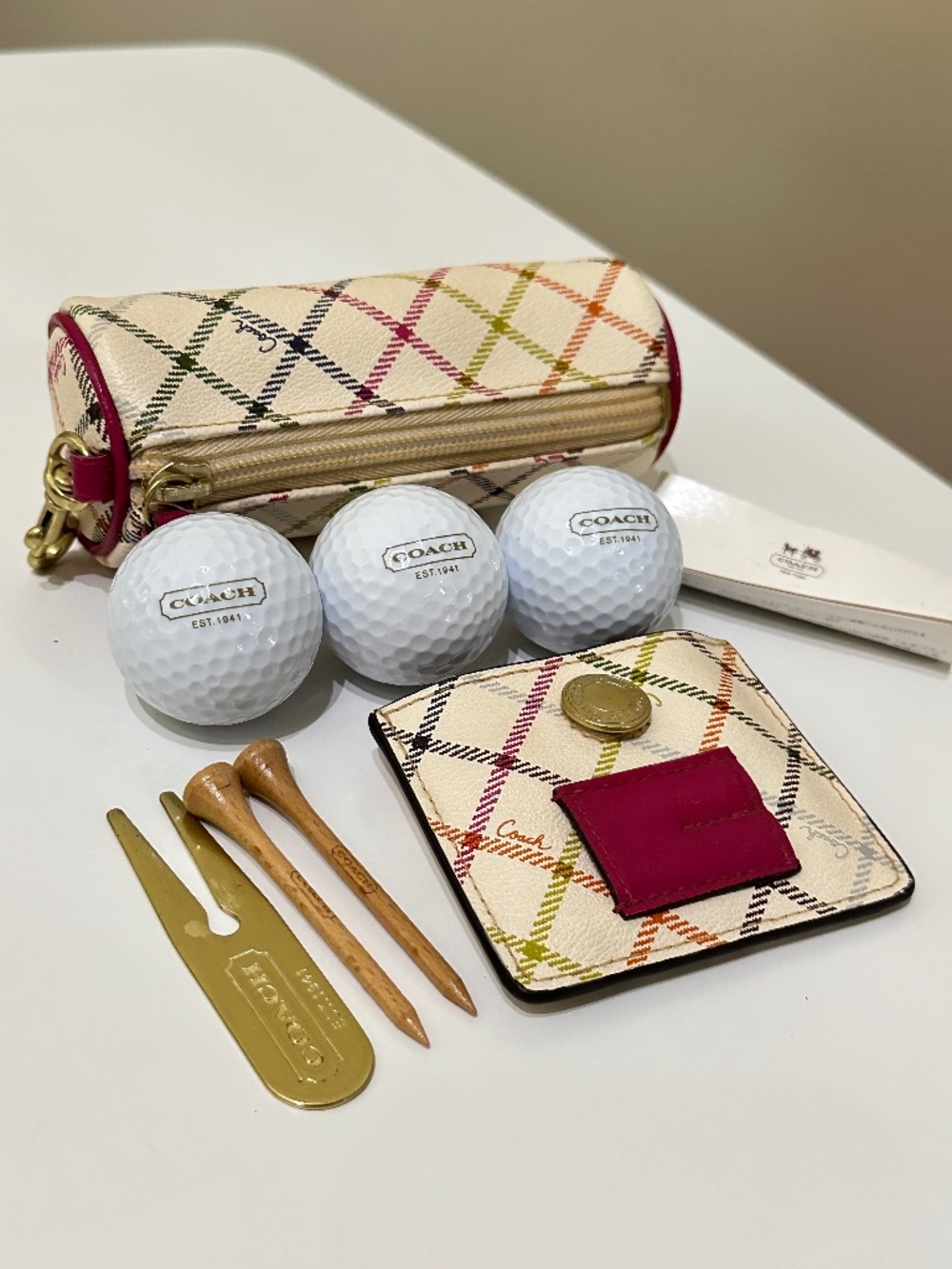 NWOT Coach Golf Ball Pouch and Tee Accessory Tool Holder Light Tattersall Plaid